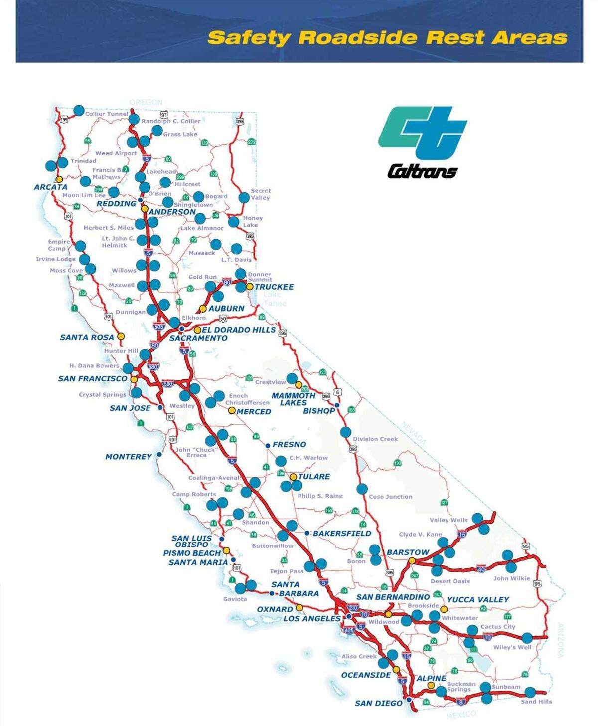 Map of highway rest areas in California.