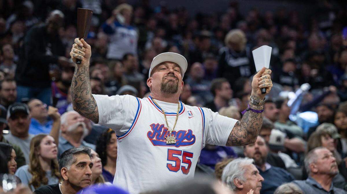 Sacramento Kings fan Danny Beckham of Sacramento rings his cowbells during an NBA game between the Sacramento Kings and the Phoenix Suns on Friday, March, 24, 2023 at Golden 1 Center in Sacramento.