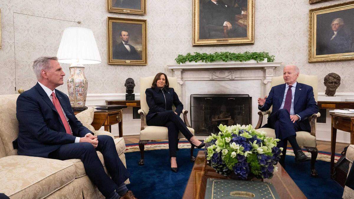 President Joe Biden, right, joined by Vice President Kamala Harris, speaks during a meeting regarding the debt limit, with U.S. House Speaker Kevin McCarthy, R-CA, and other Congressional leaders, in the Oval Office of the White House in Washington, D.C., on May 16, 2023.