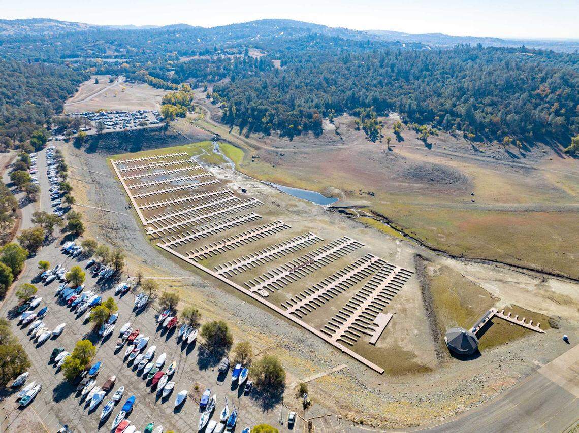 Low water conditions at Browns Ravine Cove on the south shore of Folsom Lake in El Dorado County, California, on Nov. 18, 2022. On this date, the reservoir storage was 259,754 acre feet, 27% of the total capacity. Folsom Lake levels have increased since the storms that started around the beginning of the new year, but California officials say it is not as significant as 2017.