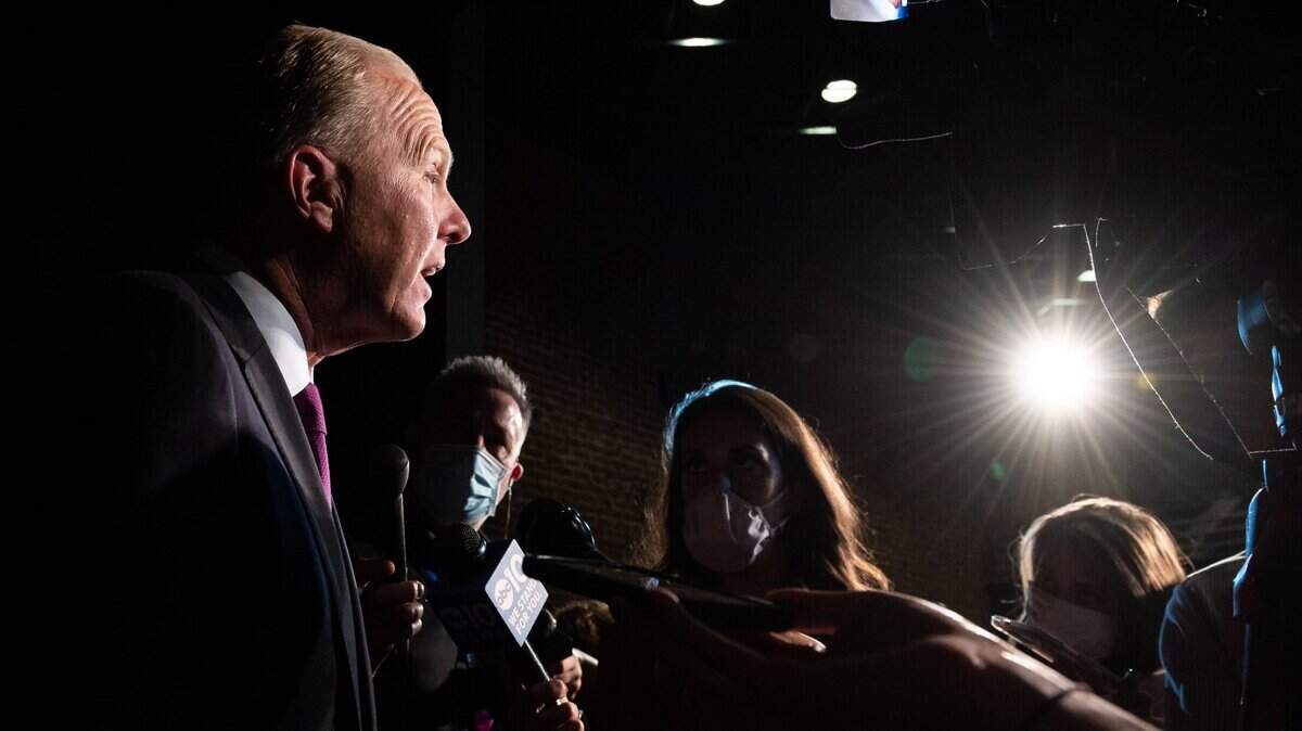 Former San Diego Mayor Kevin Faulconer speaks with news media after a debate with Assemblyman Kevin Kiley of Rocklin and businessman John Cox, all Republicans running for governor in the recall election, at the Guild Theater on Tuesday, Aug. 17, 2021, in Sacramentos Oak Park. The debate was hosted by the Sacramento Press Club and sponsored by The Sacramento Bee and Capital Public Radio.