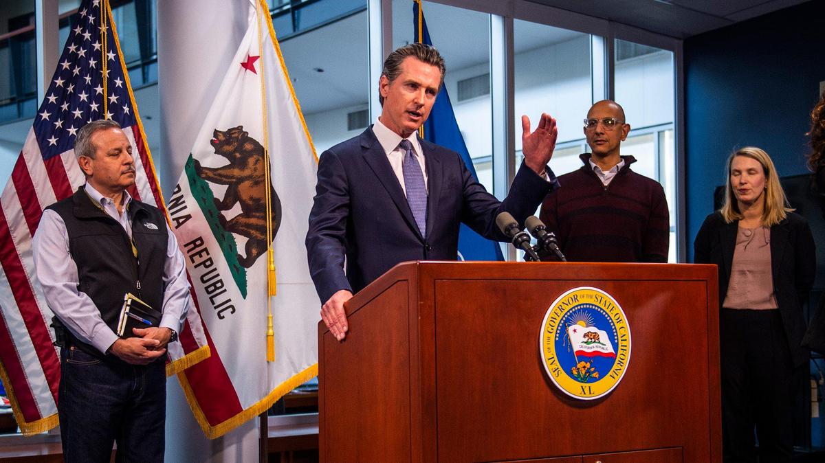 California Gov. Newsom calls for the closure of all bars in the state and asks older residents to isolate as part of series of efforts to slow the spread of the coronavirus at the state Office of Emergency Services in Rancho Cordova on Sunday, March 15, 2020.