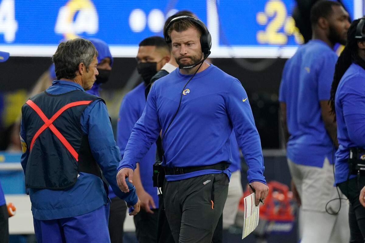 Los Angeles Rams head coach Sean McVay reacts after losing to the San Francisco 49ers 26-24 in overtime on Jan. 9 in Inglewood.