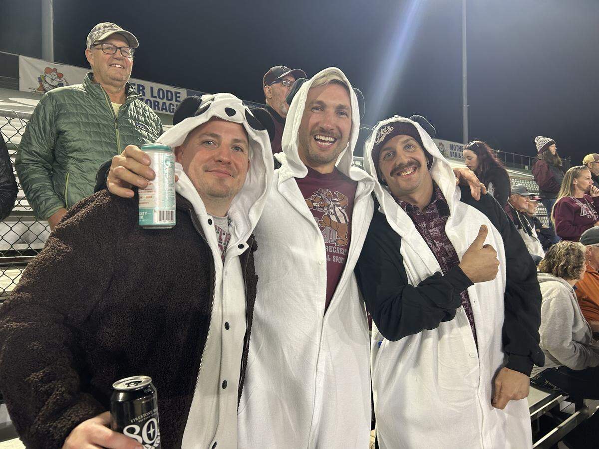 Montana natives Lance Rupiper, left, Aaron Lasalle and Dalvin Averill dress as pandas for the Montana Grizzlies’ football game against the Sacramento State Hornets on Friday. Sacramento State President Luke Wood had called the opposing the team the “Pandas” on national television and predicted a Hornet victory. Montana easily won, 49-35.