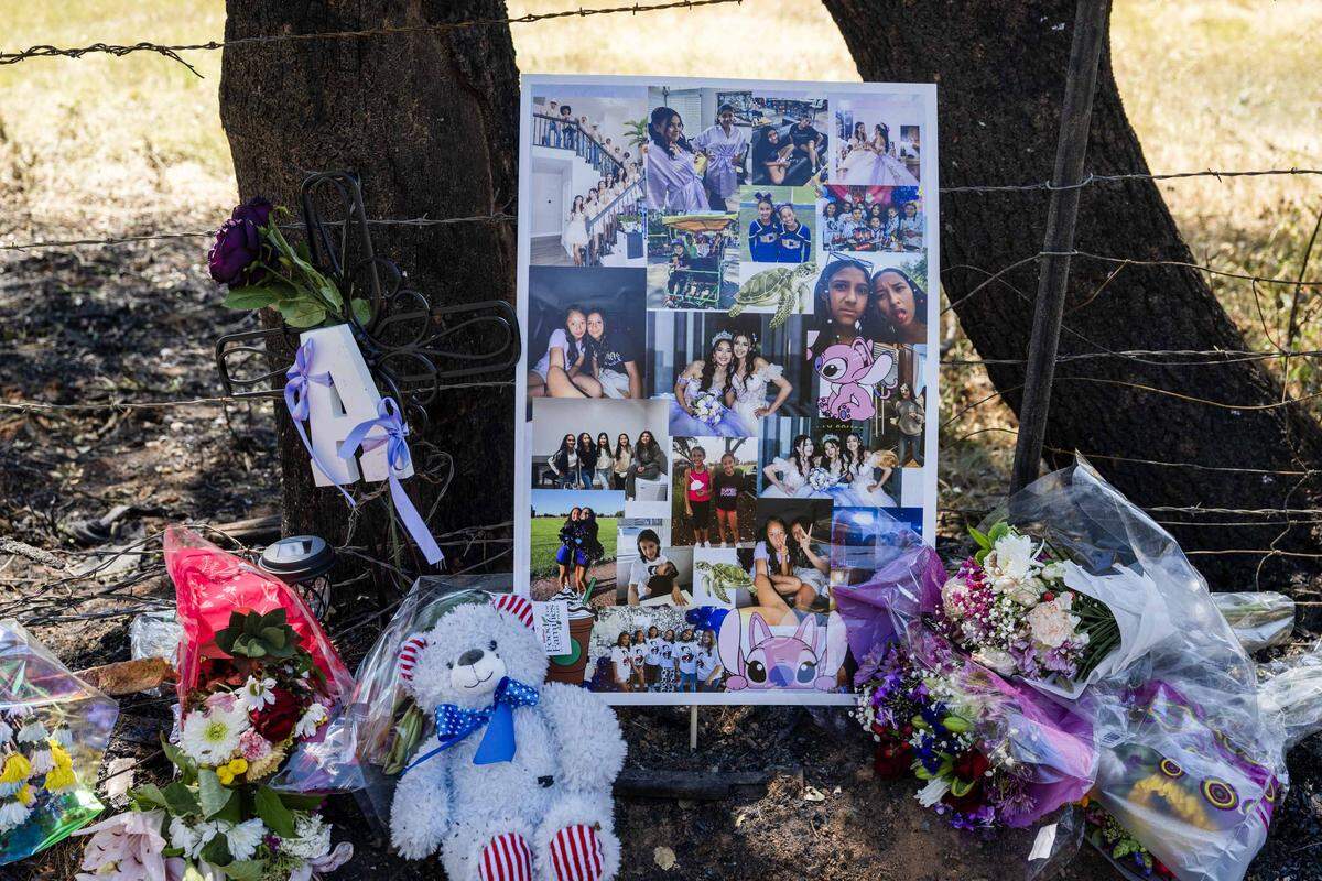 A memorial to high school students Ariyonna Orozco, 16, and Piper Conkling, 14, stands on Scott Road near Rancho Murieta on Tuesday.