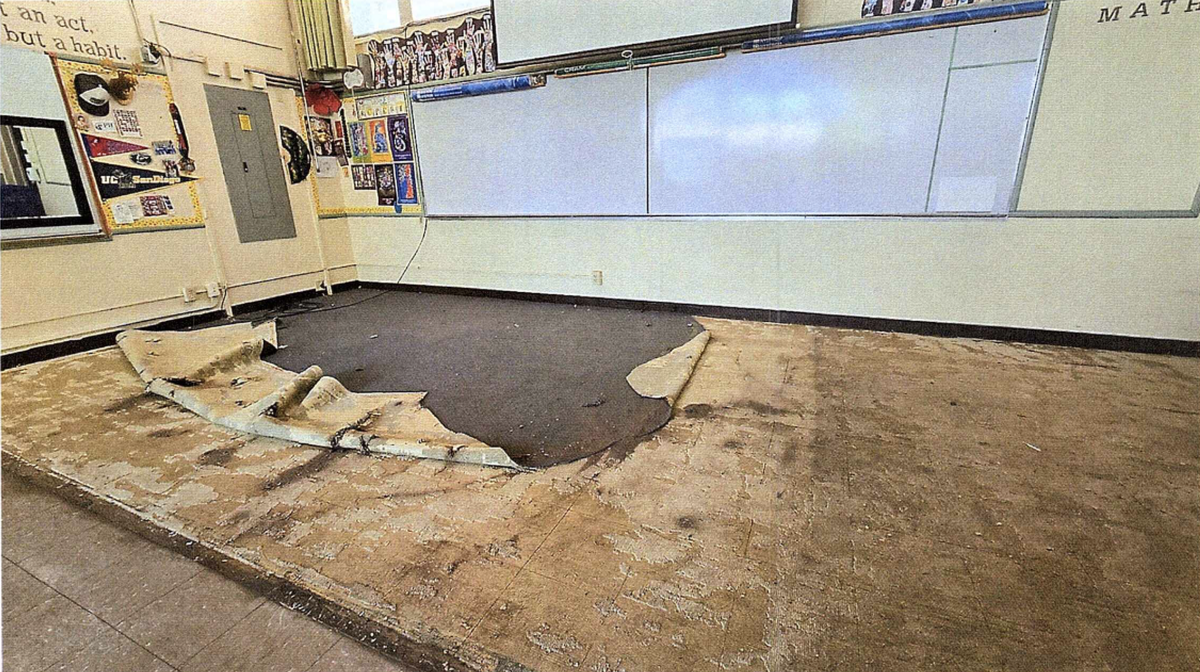 A photograph from Jeanine Rupert’s disciplinary record shows the damage she allegedly caused to her classroom.