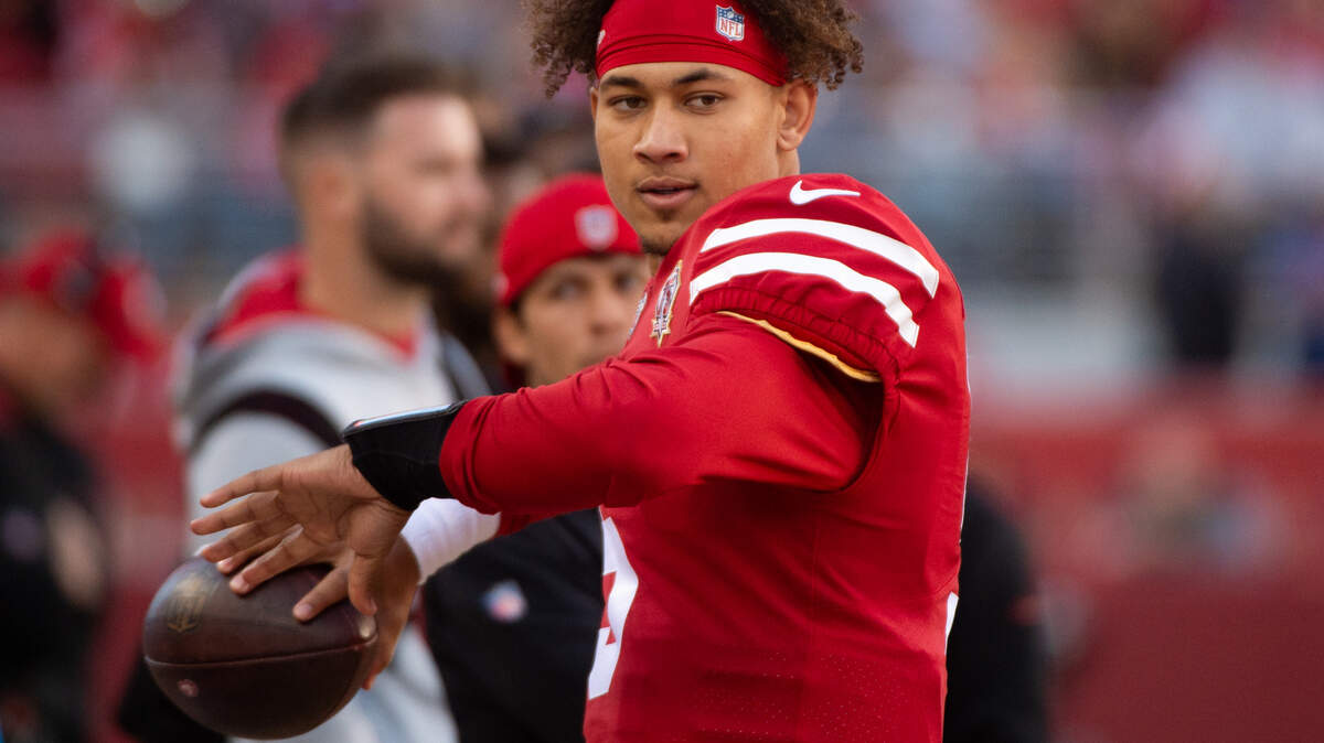 San Francisco 49ers’ Trey Lance (5) waits on the sidelines in the fourth quarter during a game at the Levi’s Stadium on Sunday, November 7, 2021, in Santa Clara.