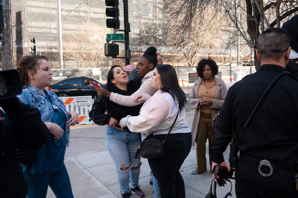A brawl erupts outside the Sacramento Main Jail between the family of the defendant and the victims after the arraignment of Cameron Garcia on Tuesday, Feb. 14, 2023, for the deaths of five passengers in the SUV he was driving Thursday, Feb. 10, while allegedly intoxicated.
