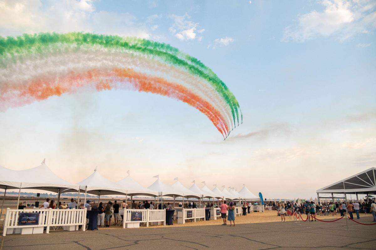 The Frecce Tricolori jet team uses green, white and red smoke to create the Italian flag in the sky during the California Capital Airshow at Mather Airport near Rancho Cordova on Saturday, July 13, 2024. The pilots flew Italian-built Aermacchi MB-339 aircraft.