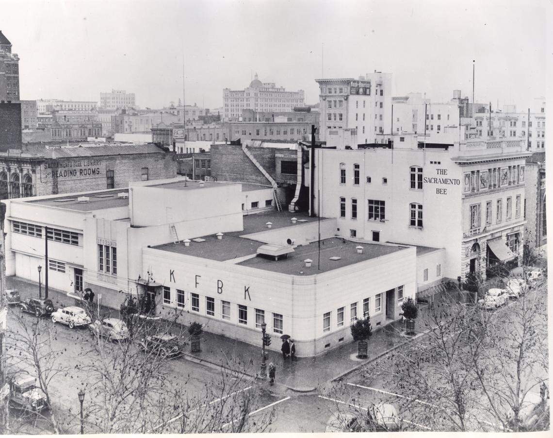 The KFBK building stands on I Street in downtown Sacramento next to the 7th Street Sacramento Bee building in this undated photo.
