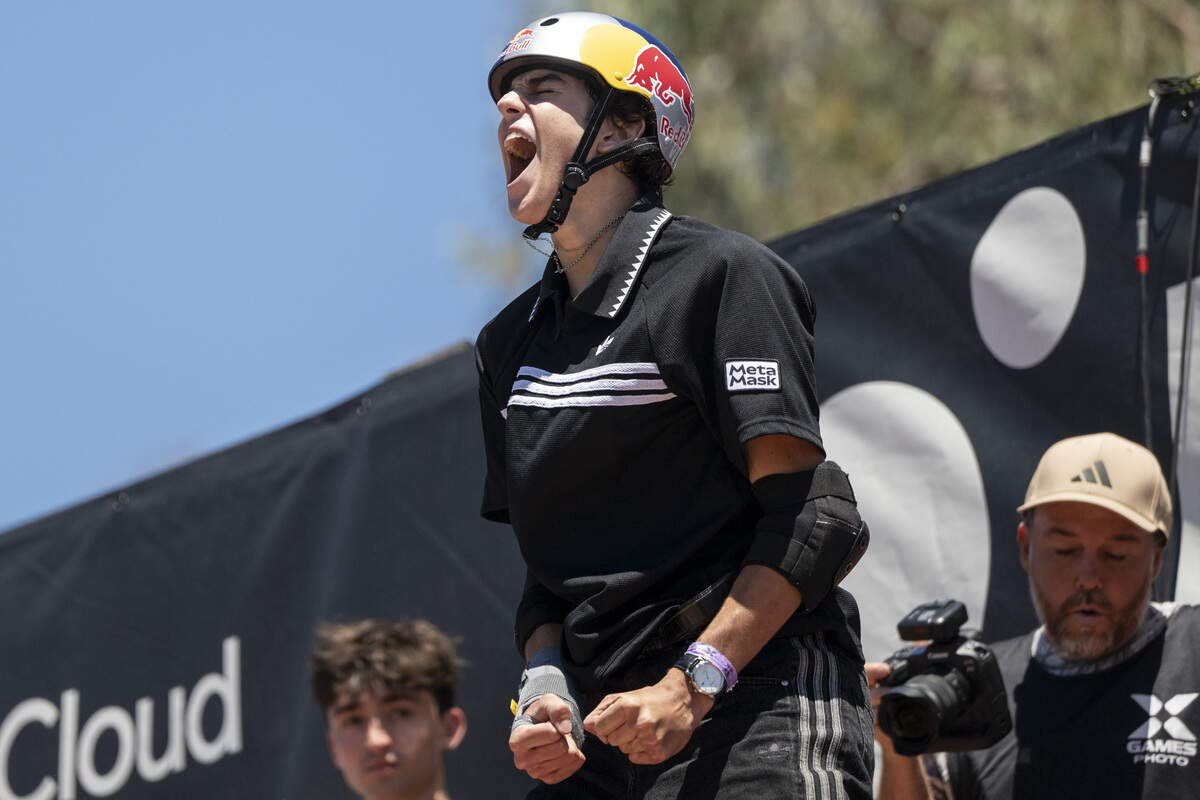 Gui Khury, of Brazil, reacts as he competes in the Moonpay Men’s Skateboard Vert final as a part of X Games Sacramento at Cal Expo in Sacramento on Sunday, June 28, 2026.