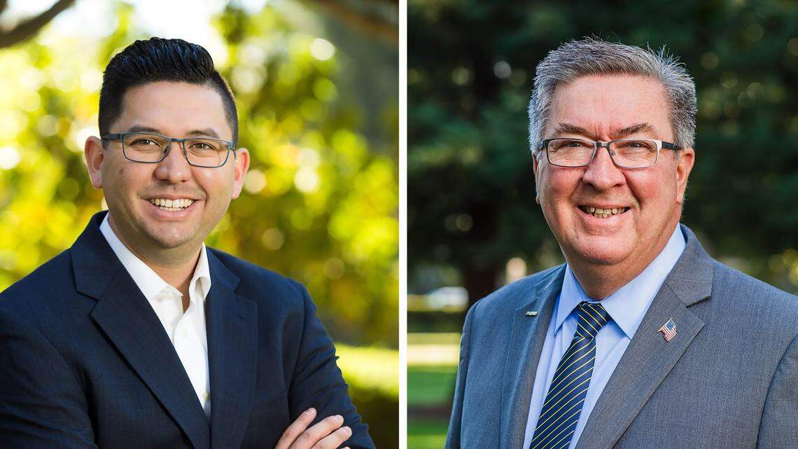 Josh Hoover, left, the chief of staff for California State Assemblyman Kevin Kiley, and Assemblyman Ken Cooley are two leading candidates for the District 7 State Assembly seat.