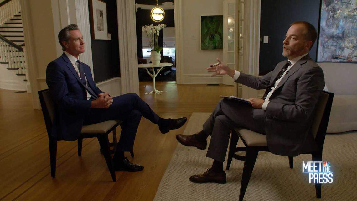 California Gov. Gavin Newsom, left, talks with NBC News’ Chuck Todd during an interview that is scheduled to air on “Meet the Press” on Sunday, Sept. 10, 2023.
