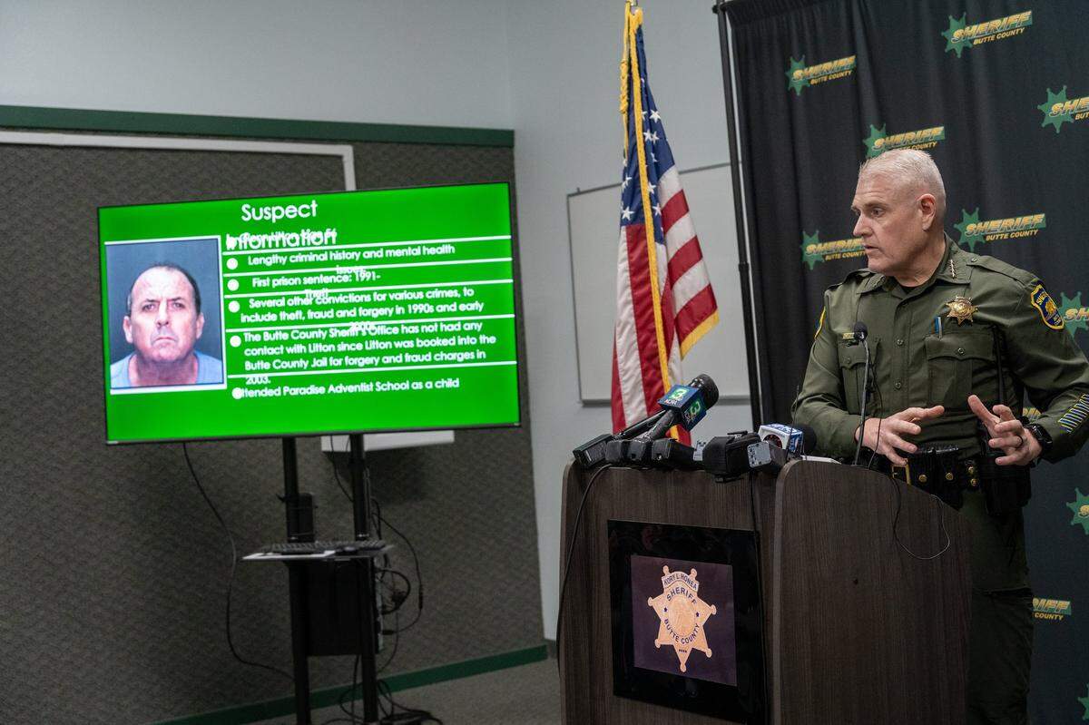 Butte County Sheriff Kory Honea speaks at a Thursday press conference about Glenn Litton, the 56-year-old homeless man who was the alleged gunman found dead at Feather River Adventist School near Oroville where two kindergartners were shot.