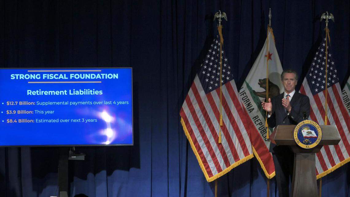 California Gov. Gavin Newsom presents his proposed state budget on Monday in the auditorium of the new Natural Resources building in Sacramento.