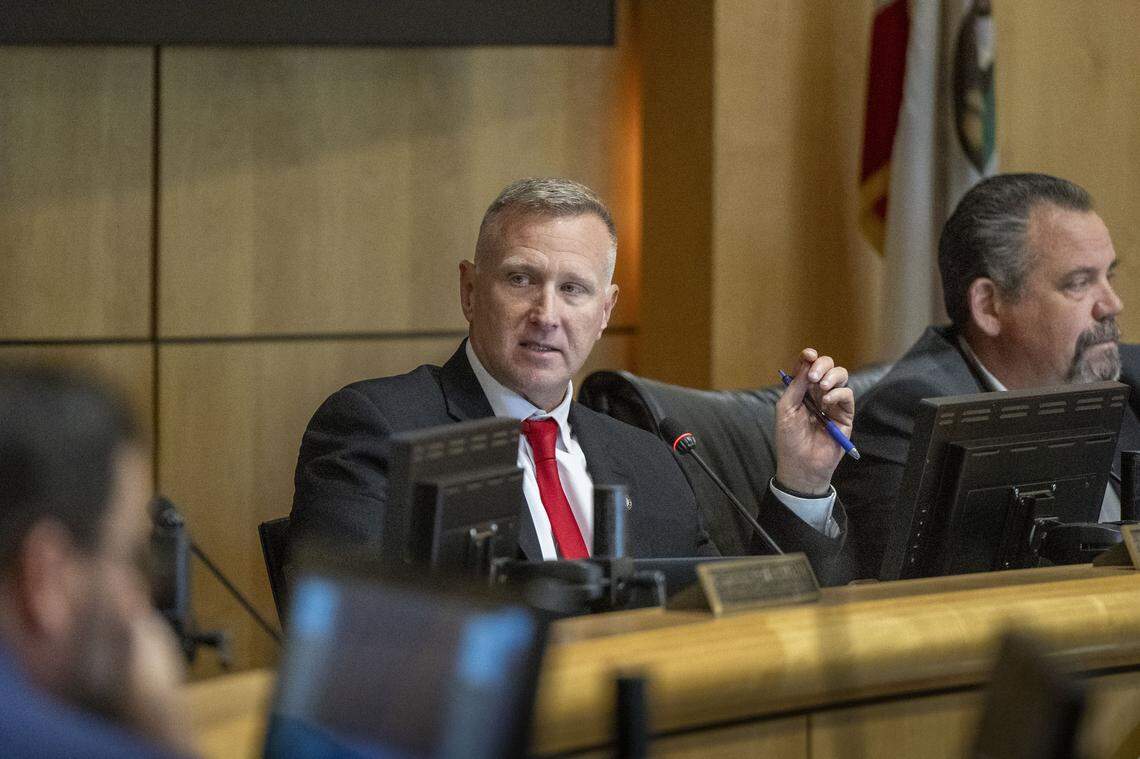 Shasta County Supervisor Kevin Crye listens during a meeting in Redding on Tuesday. Crye called the redistricting plan a “poorly executed first grade art project.”