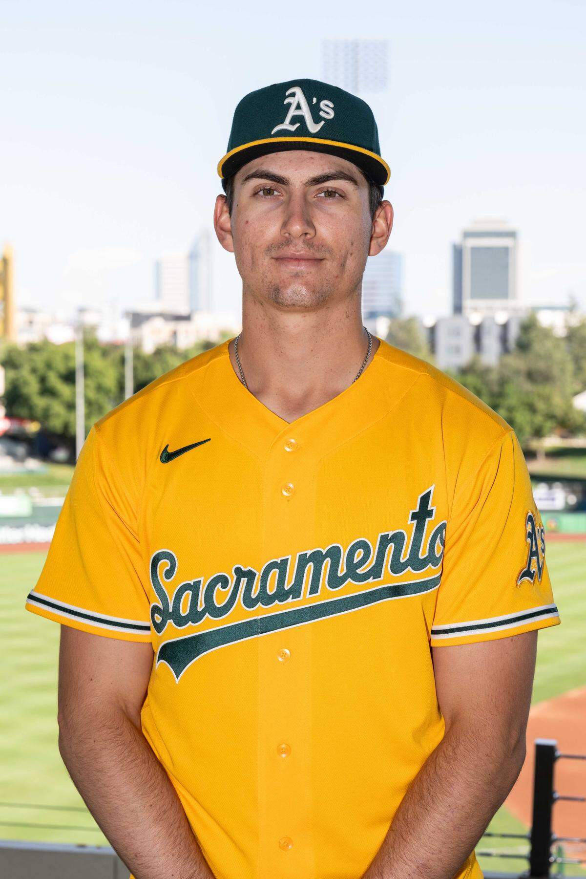 A's pitcher Tyler Soderstrom is pictured wearing the A's new alternate home jersey for the 2026 season, featuring the word Sacramento across the chest. The team will use the new jersey during home games in 2026.
