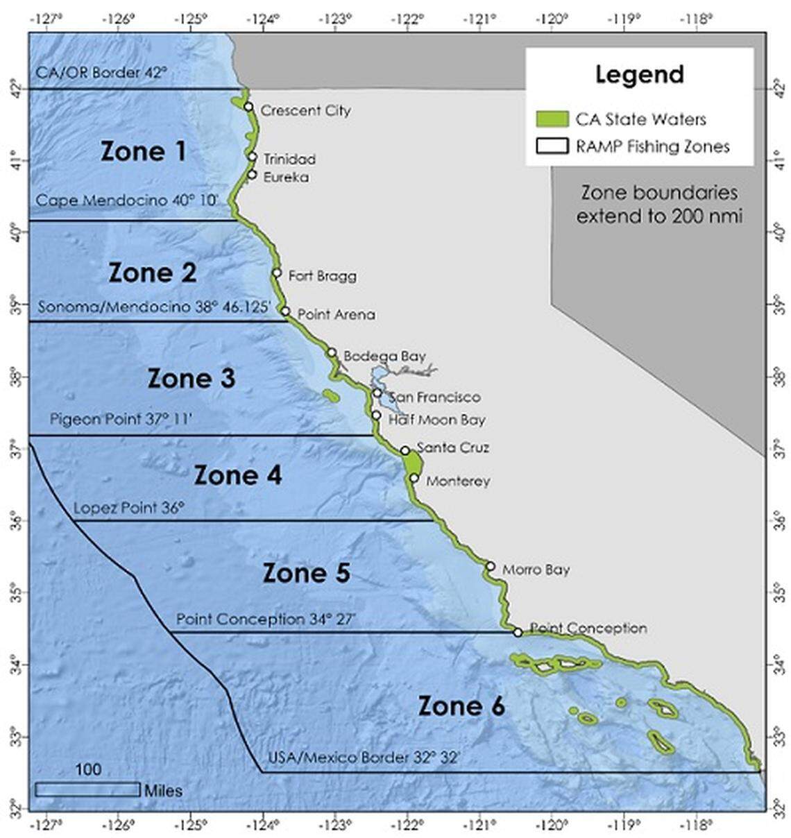 Dungeness crab fishing zones off the California coast.