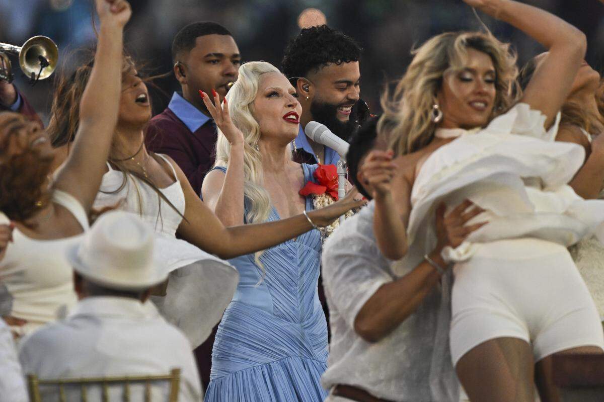 Lady Gaga makes a special appearance during the Super Bowl LX Halftime Show at Levi’s Stadium in Santa Clara on Sunday, Feb. 8, 2026.