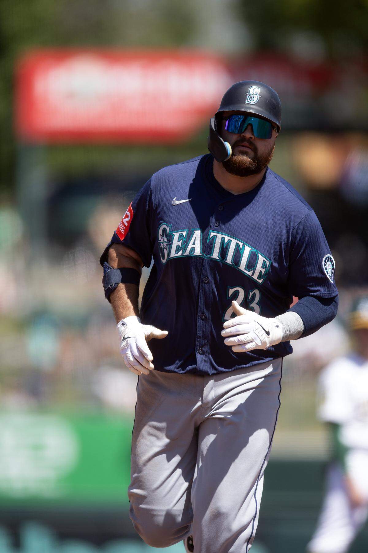 May 7, 2025; West Sacramento, California, USA; Seattle Mariners first baseman Rowdy Tellez (23) runs out his three-run home run against the Athletics during the sixth inning at Sutter Health Park. Mandatory Credit: D. Ross Cameron-Imagn Images
