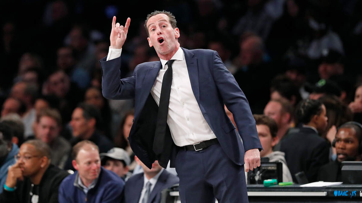 Brooklyn Nets head coach Kenny Atkinson gestures to his players during the second quarter of an NBA basketball game against the Memphis Grizzlies, Wednesday, March 4, 2020, in New York. (AP Photo/Kathy Willens)