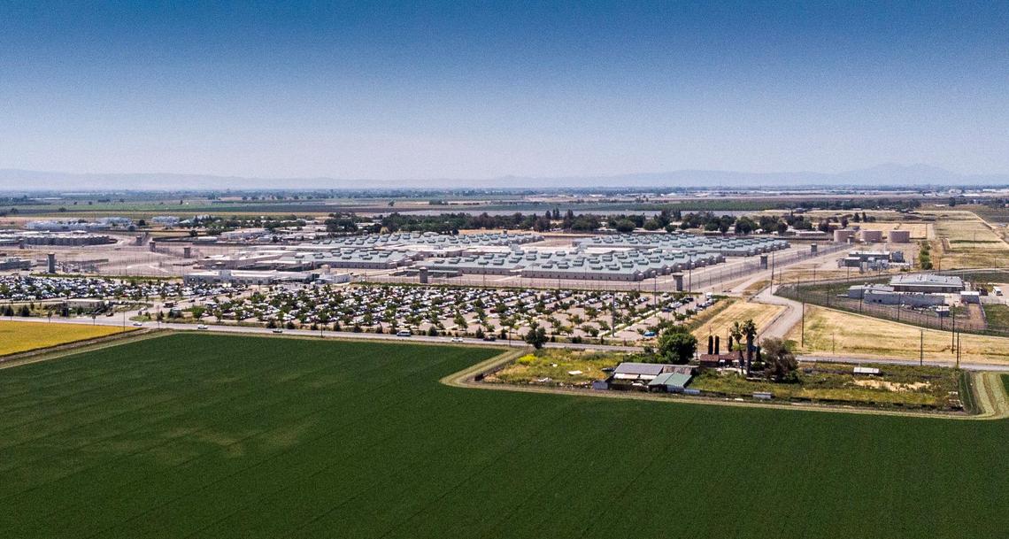 The California Health Care Facility, a prison hospital in south Stockton shown in aerial photograph on May 2, 2019, houses about 2,600 inmates. A patient at the prison died from Legionnaires’ disease in 2018, and the inmates at the facility and two nearby youth correctional centers remain on bottled water while the water system is treated.