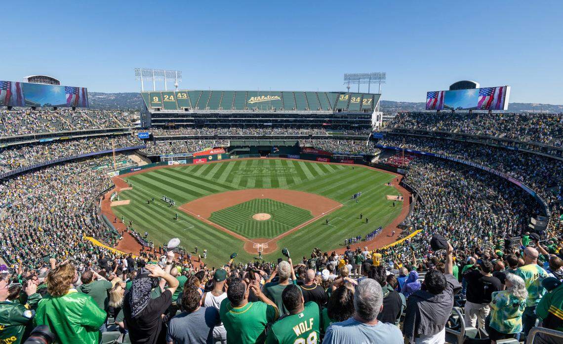 A capacity crowd fills Oakland-Alameda County Coliseum of the opening ceremony of the final Oakland A’s home game, against the and Texas Rangers, on Thursday, Sept. 26, 2024 in Oakland. In 2025, the A’s will be playing in West Sacramento.