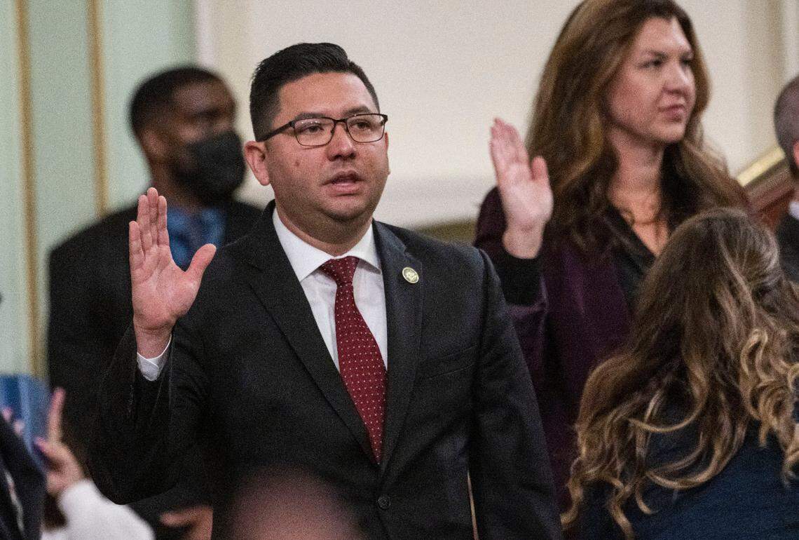 Newly elected Assemblyman Josh Hoover, R-Folsom, is sworn into office during the Assembly organizational session on Monday, Dec. 5, 2022 at the state Capitol on Sacramento.