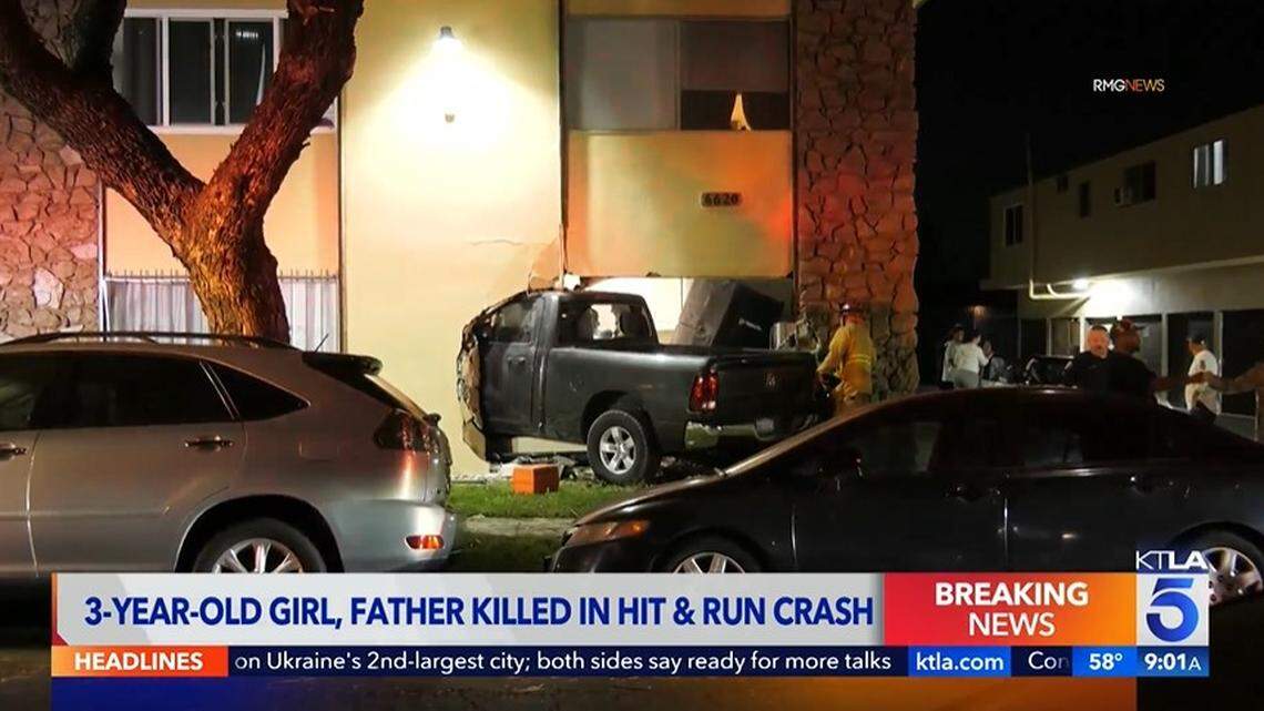 The driver of a pickup truck jumped out and ran away after slamming into a Long Beach, California, apartment, killing a father and child inside, police say.