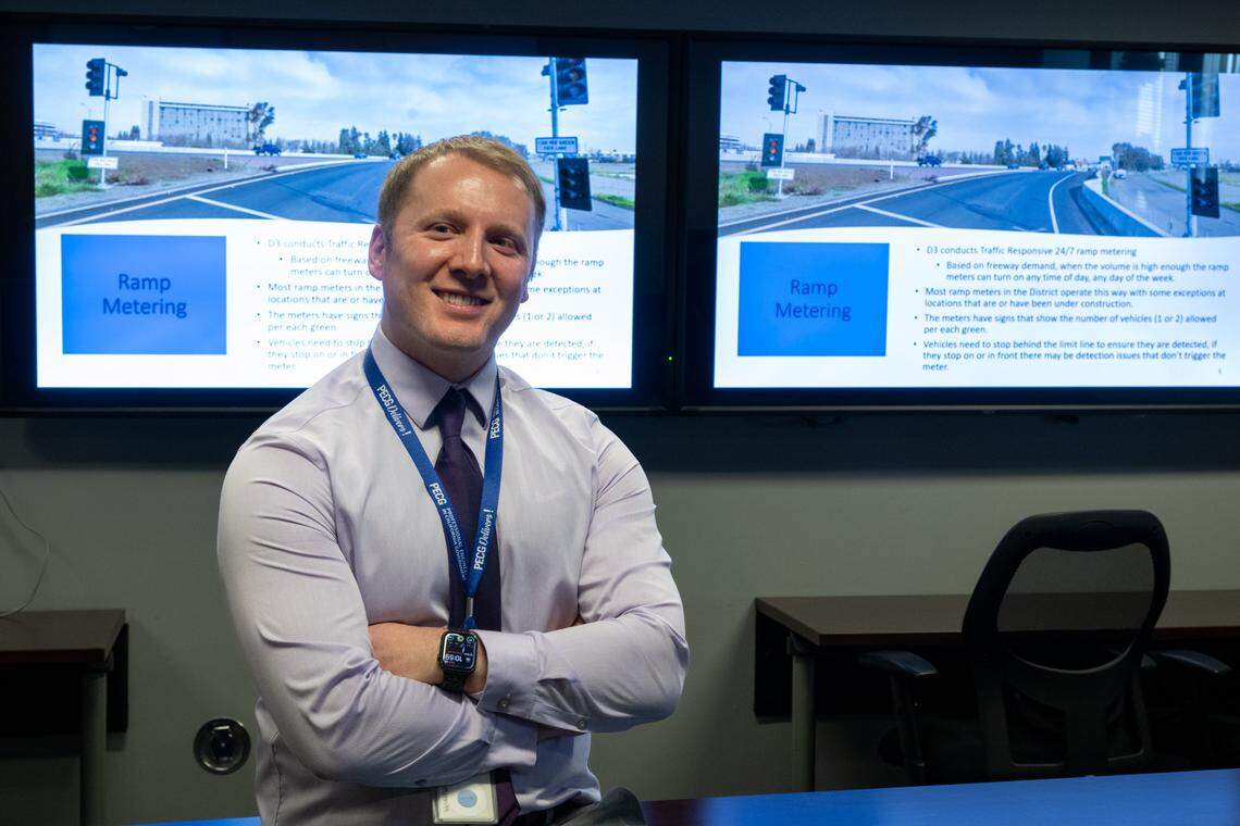 Caltrans engineer Nicholas Liccardo explains the highway traffic ramp meters system at Caltrans District 3 Regional Traffic Management Center on Jan. 26 in Rancho Cordova.