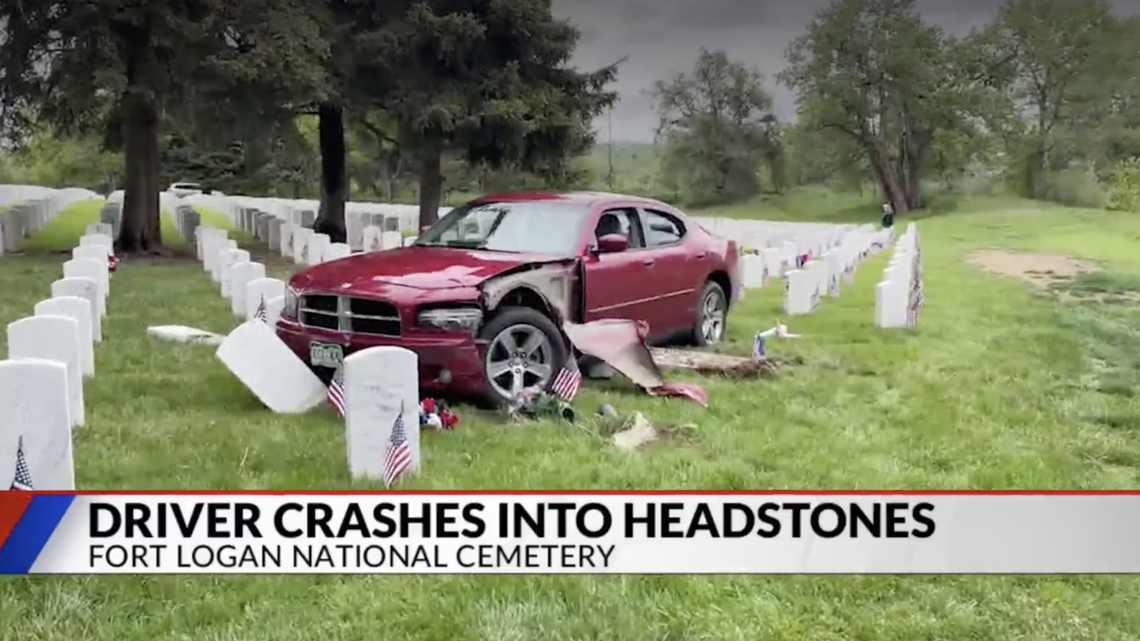 Denver, Colorado police say they suspect a woman was intoxicated when she crashed into gravestones and cars at Fort Logan National Cemetery on Memorial Day.