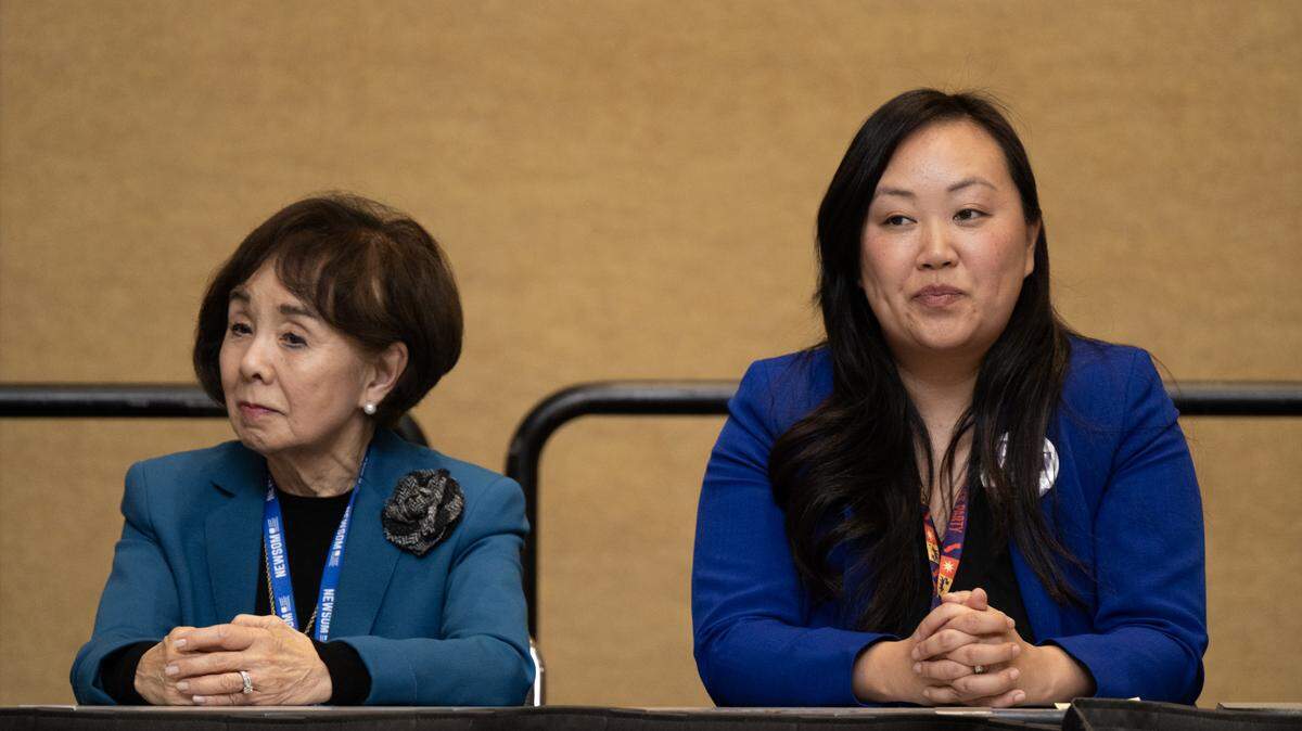 U.S. Rep. Doris Matsui and Sacramento City Councilmember Mai Vang sit side by side following their debate on Saturday, Feb. 21, 2026, at the California Democratic Party state convention in San Francisco.