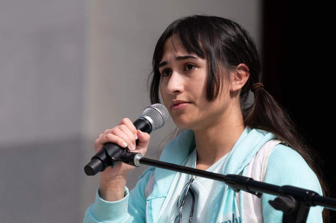 Manteca resident Chloe Cole, 18, speaks about gender transition during a Detransition Awareness Day rally at the state Capitol in Sacramento on Friday. Cole gained national attention last month when she announced a lawsuit against Kaiser Permanente, alleging that the group inappropriately provided gender-affirming female-to-male medical treatment to her, a claim which the organization disputes.