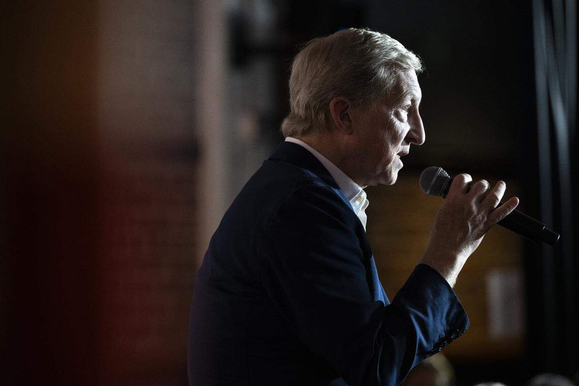Tom Steyer, a billionaire and entrepreneur, speaks during a campaign stop in Sacramento last week. Steyer’s campaign has singled out Swalwell in recent attack ads.