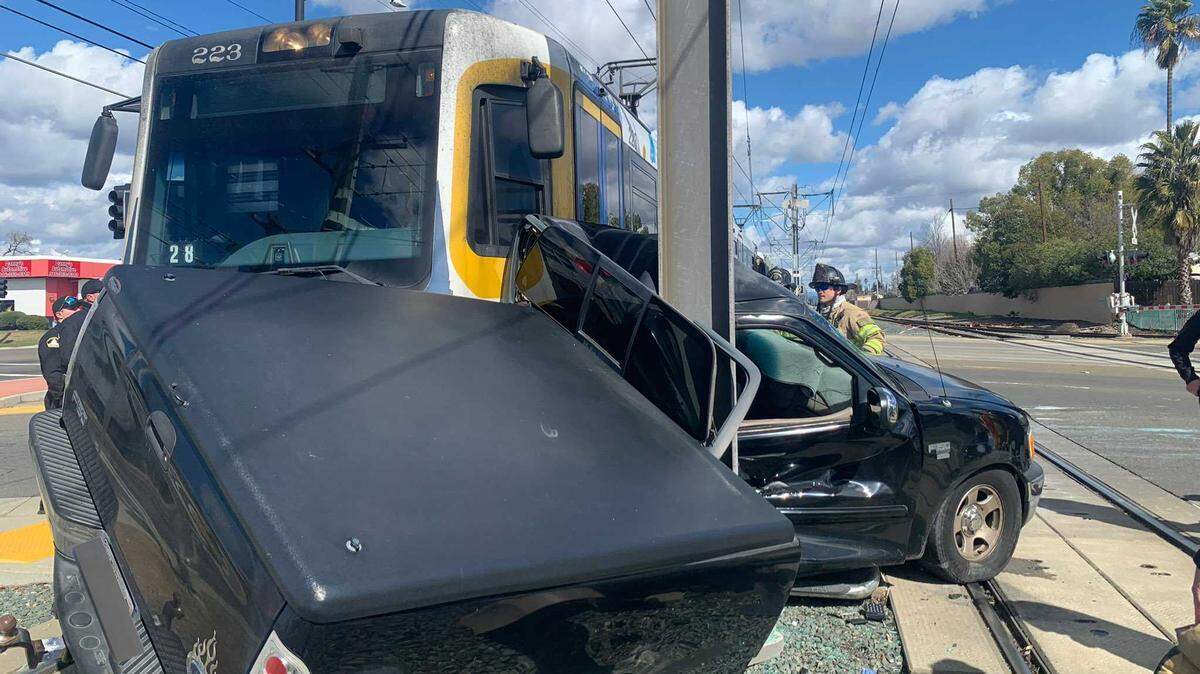 A Sacramento Regional Transit District light rail train crashed with a black Ford F-150 pickup Wednesday afternoon March 8, 2023, at Folsom Boulevard and Mather Field Road in Rancho Cordova, California.