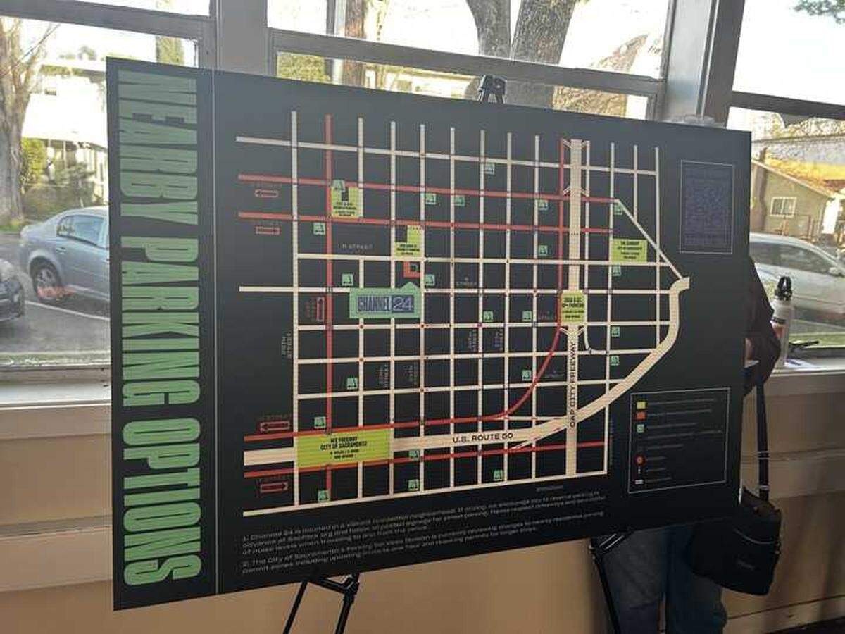 A graphic of the secured parking spaces from the city were highlighted during a Wednesday community meeting for the new Channel 24 music venue.