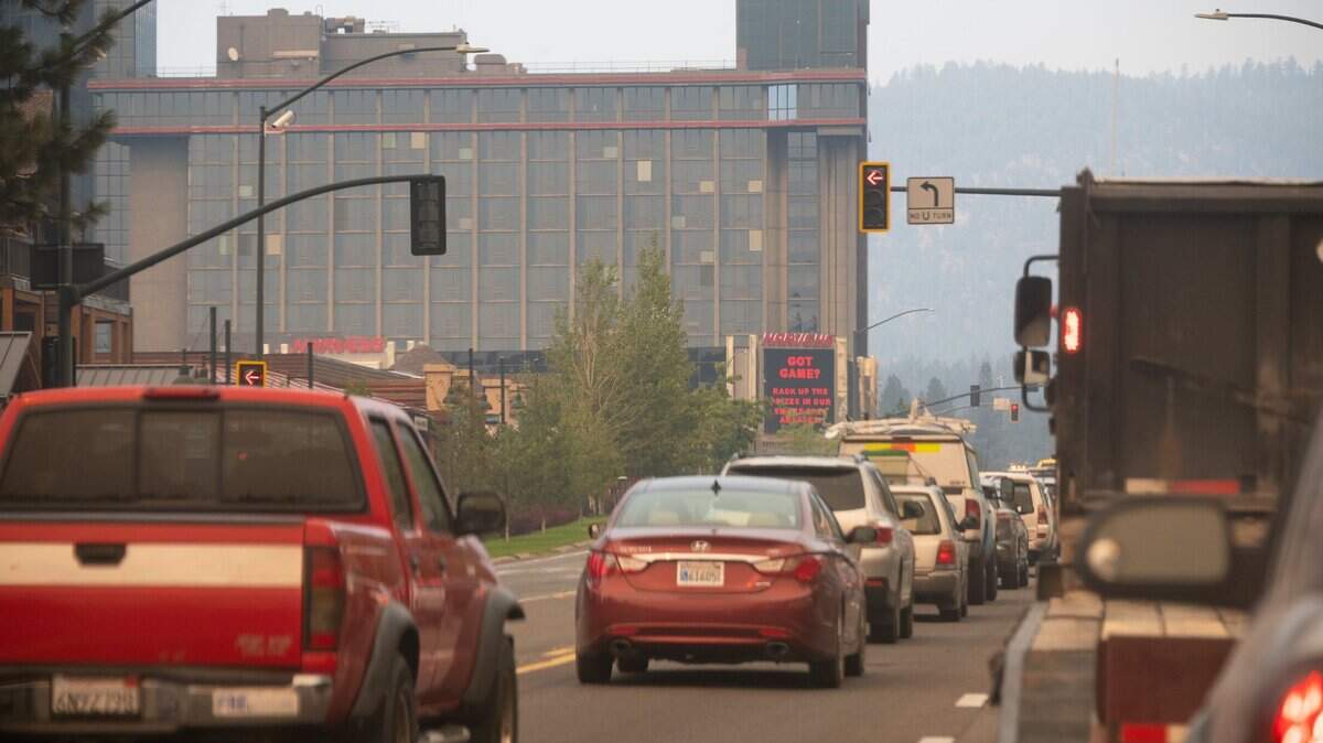 Cars jam Highway 50 in Stateline, Nevada, driving eastbound as they flee their homes after a mandatory evacuation during the Caldor Fire on Monday, Aug. 30, 2021. Fires are one major cause of poor air quality in California.