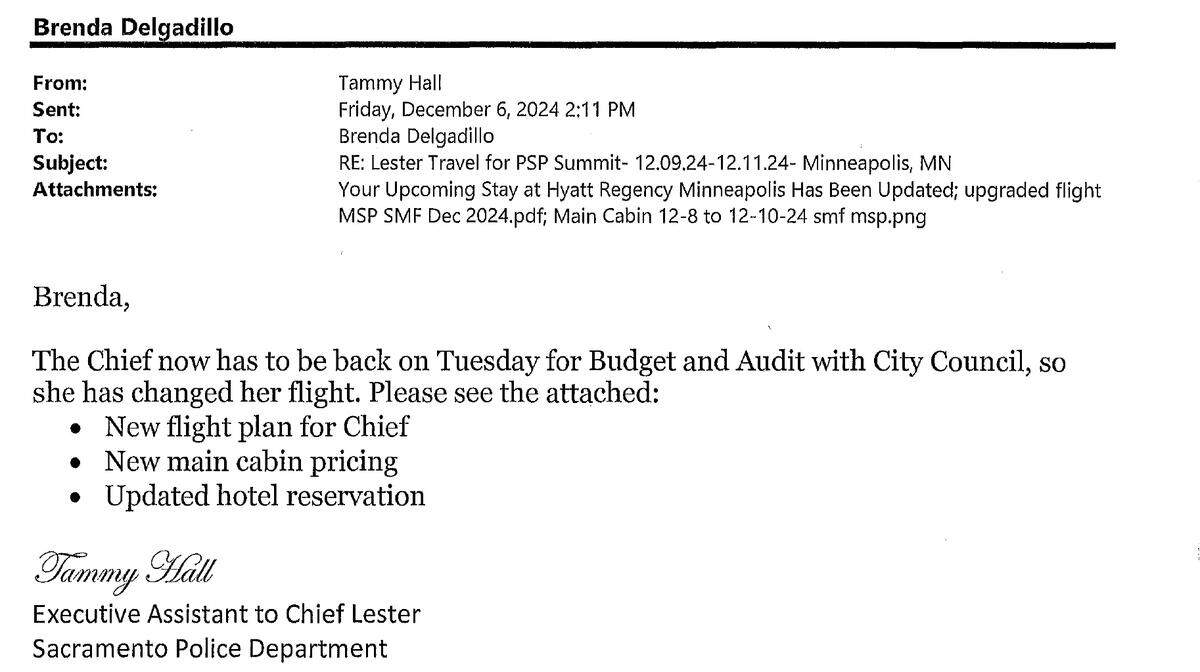 Email noting Sacramento Police Chief Kathy Lester’s change in flight plans.
