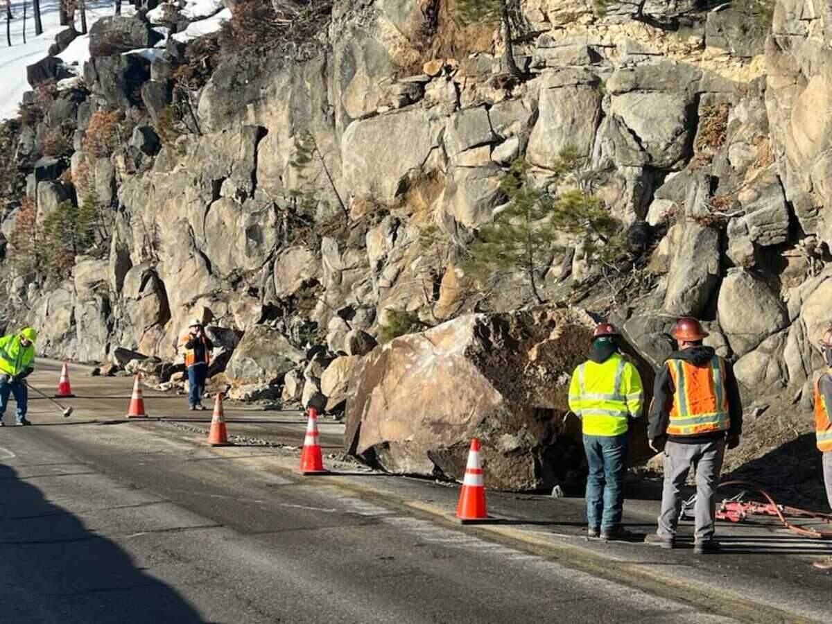 A large boulder fell off of Echo Summit Wednesday March 16, 2022, morning onto the Highway 50 mountain pass in El Dorado County, blocking traffic in both directions.