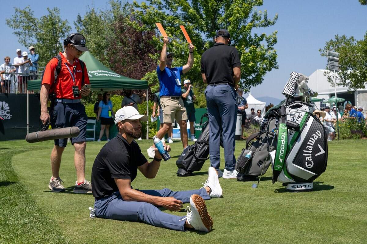 The Golden State Warriors’ Stephen Curry sips water during the American Century Championship celebrity golf tournament at Edgewood Tahoe Resort in Stateline, Nev., on Friday, July 11, 2025.