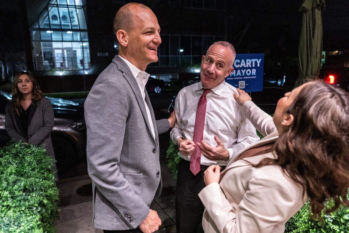 Sacramento mayoral candidate Kevin McCarty shares some laughs with Mayor Darrell Steinberg and Councilwoman Karina Talamantes at his primary election watch party at the Green Room in East Sacramento on March 5. McCarty has received the current mayor’s endorsement.