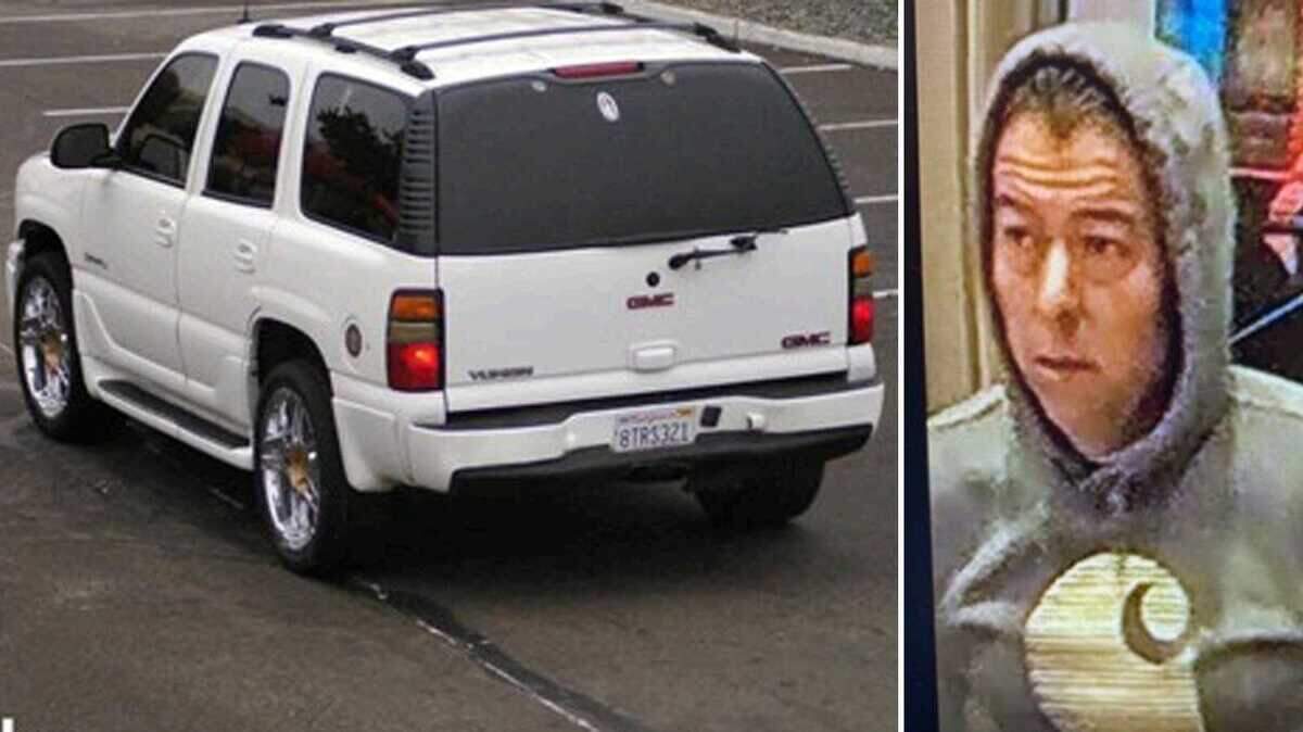 A white GMC Yukon is seen in the Sky River Casino parking lot on Tuesday, Dec. 5, 2025, alongside a surveillance image of a man authorities believe loaded a $1,500 electric airless paint sprayer into the SUV.