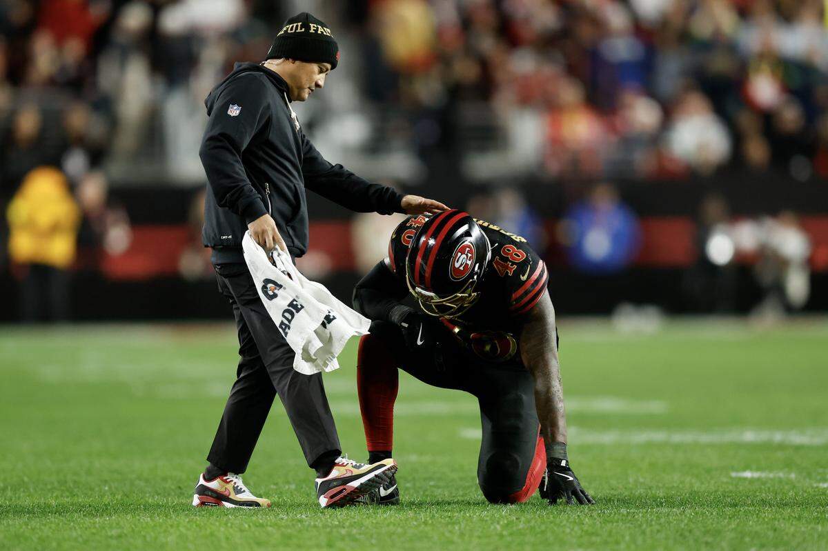 Tatum Bethune of the San Francisco 49ers is checked on during the third quarter of a game against the Seattle Seahawks at Levi's Stadium on Saturday in Santa Clara.