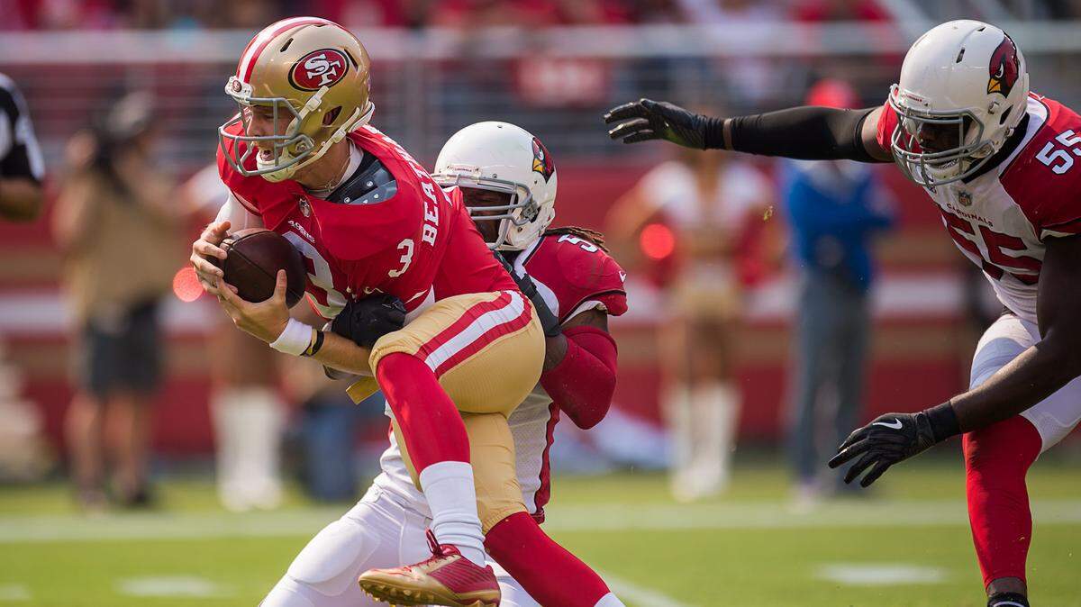 Arizona Cardinals linebacker Josh Bynes sacks 49ers quarterback C.J. Beathard in the first quarter Sunday at Levi’s Stadium  in Santa Clara.