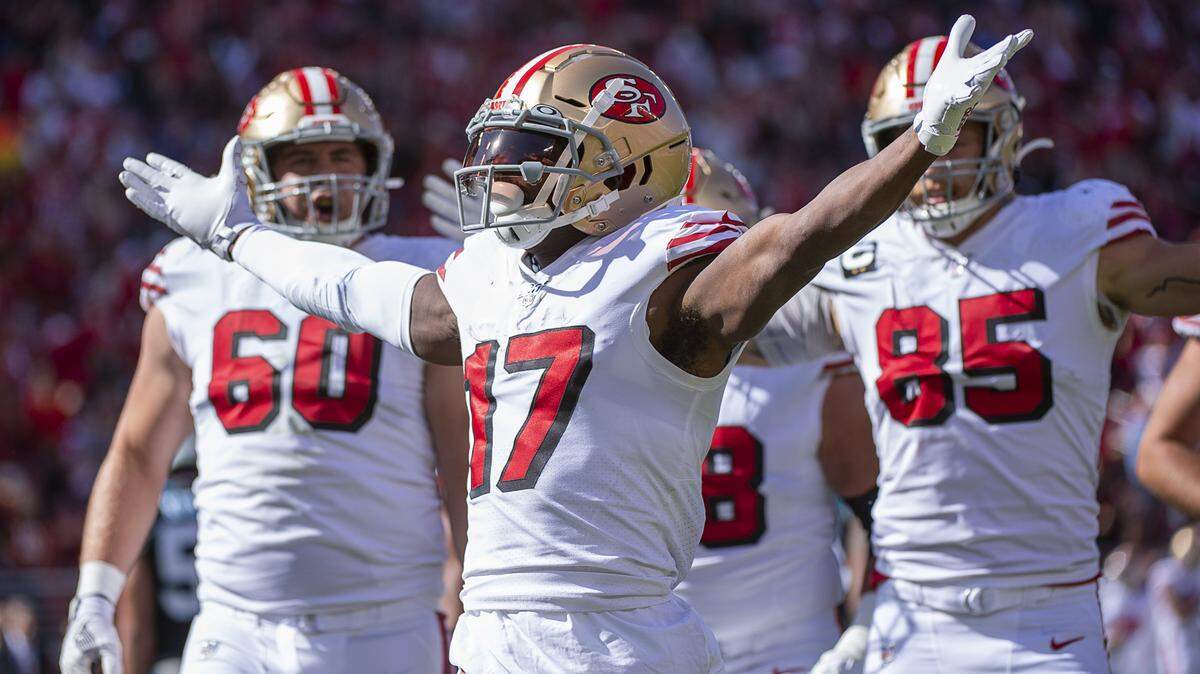 San Francisco 49ers wide receiver Emanuel Sanders (17) reacts after scoring in the first quarter against the Carolina Panthers the during a game at Levi’s Stadium on Sunday, October 27, 2019 in Santa Clara.