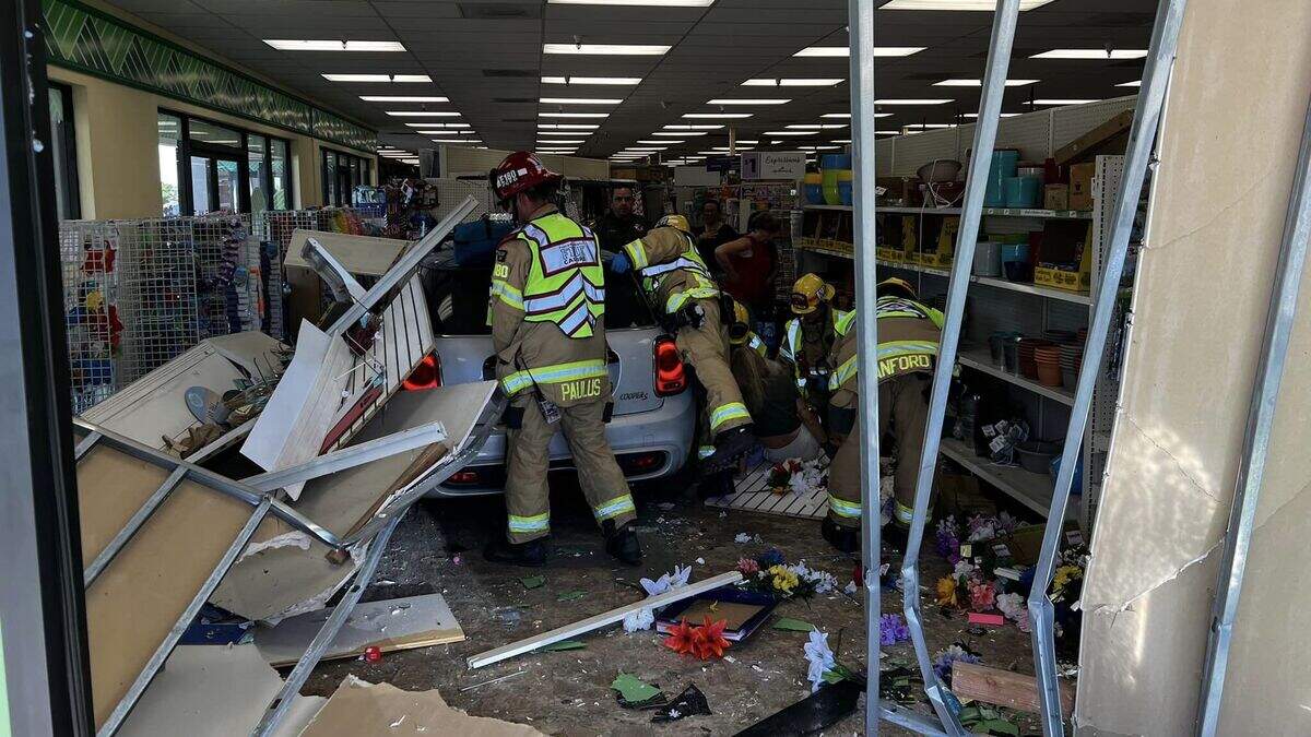 A Mini Cooper crashed into the Dollar Tree store in North Auburn on Wednesday, May 17, 2023. Firefighters and an ambulance responded for one injured shopper.
