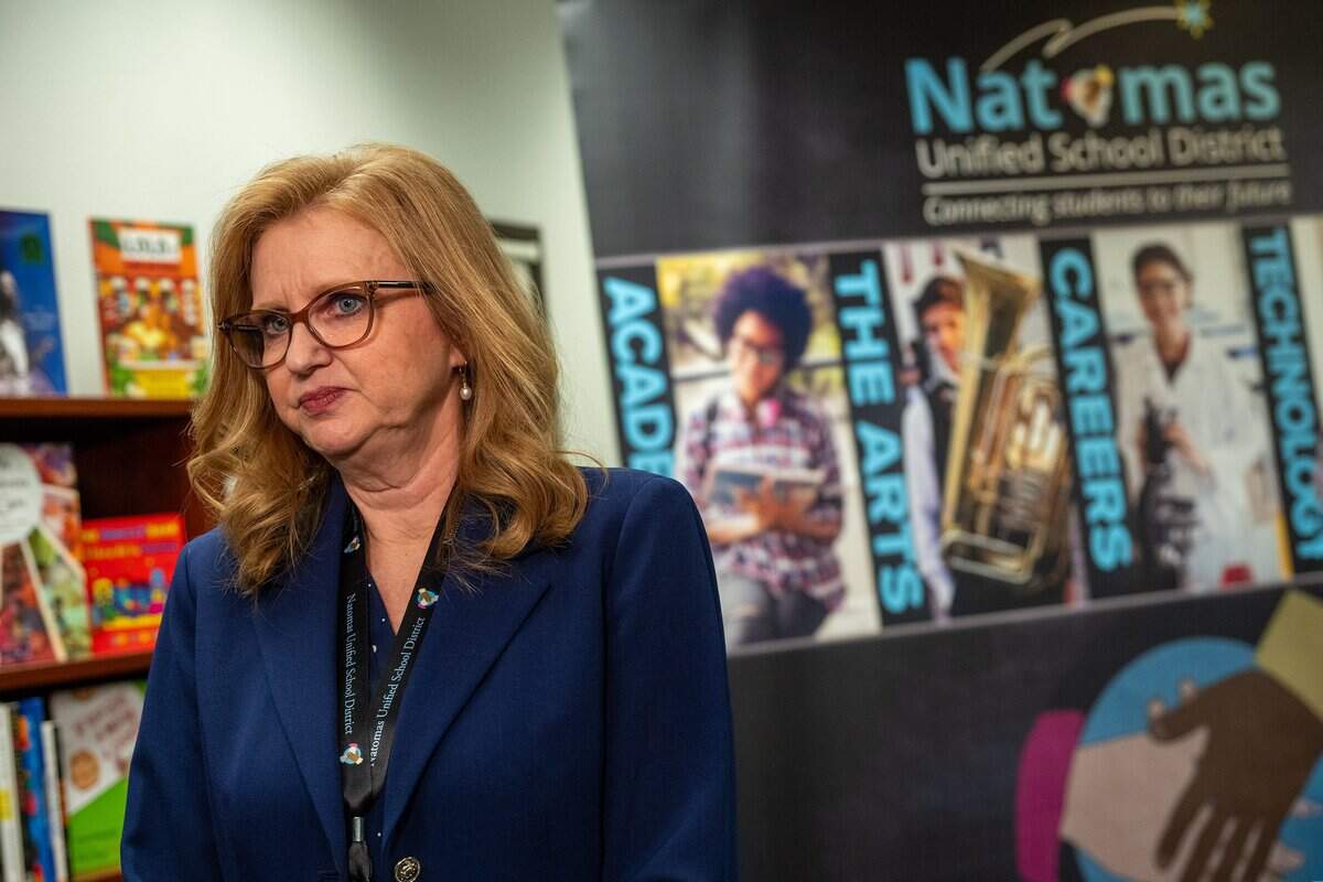 Natomas Unified School District Superintendent Robyn Castillo waits to answer questions during a press conference at district headquarters in Sacramento on Monday.