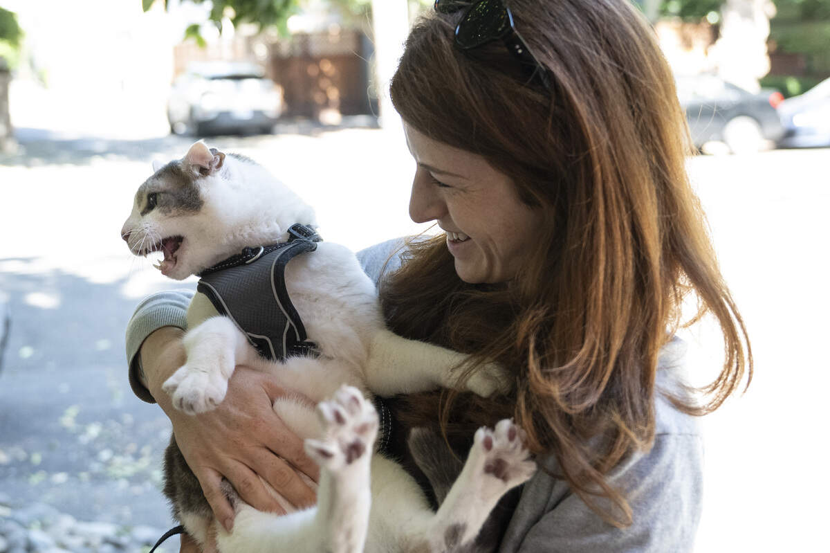 Faith Bennett holds her cat Fred during the NorCal Resist Cat Tour in Sacramento on Sunday, June 7, 2026.