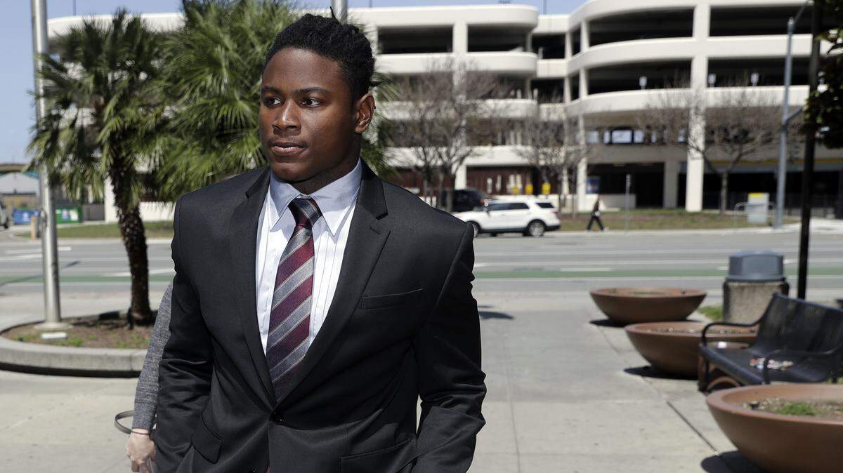 Reuben Foster approaches Santa Clara County Superior Court on April 12 in San Jose. He was charged with felony domestic violence after being accused of attacking his girlfriend, authorities said. After being arrested again Saturday night, Nov. 24, on allegations of domestic violence at the team hotel in Tampa, Fla., the 49ers cut ties with one of their most talented players and a former first-round pick.