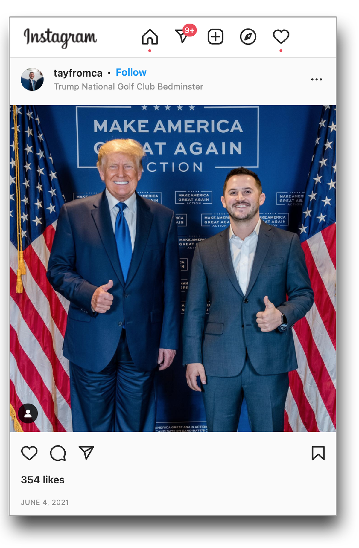 An Instagram post from Taylor Budowich’s account on June 4 shows him with former President Donald Trump. Budowich is head of communications for Trump’s Save America PAC.